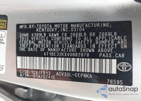 2004 Toyota Camry Le из США, поврежденный, VIN 4T1BE32KX4U882878